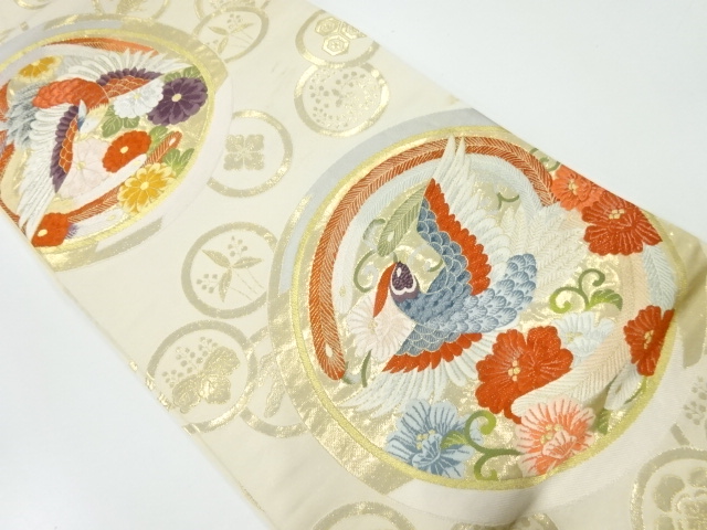 アンティーク　丸紋に花鳥模様織出し袋帯（材料）